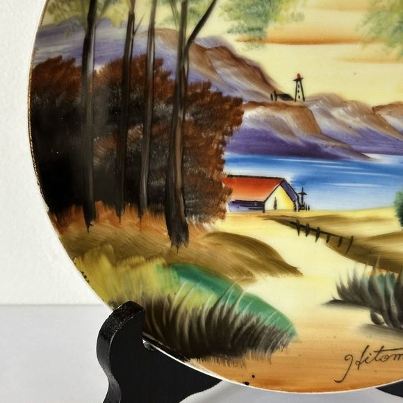 8” Hitomi Hand Painted Plates Scenery Landscape Japan Kitchen Dining Decor - Picture 4 of 8